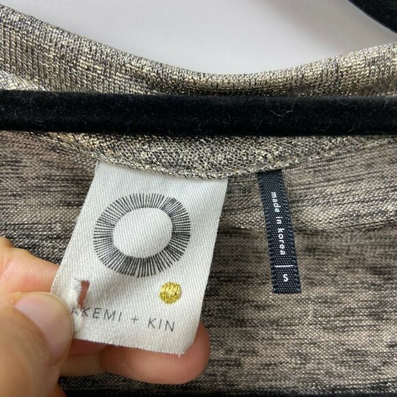 Anthropologie Akemi + Kin Small Womens Silver Metallic Weave V-neck Tee - Picture 3 of 7